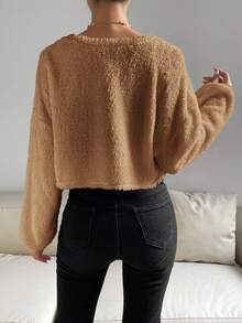 SHEIN Essnce Thả vai Mở Mặt trước Mùa vụ Áo Teddy Jackets - Lạc đà - Xem 2