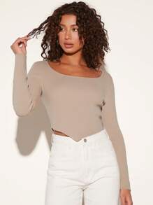 SHEIN BASICS Solid Scoop Neck Asymmetrical Hem Crop Sweater - Apricot - View 6