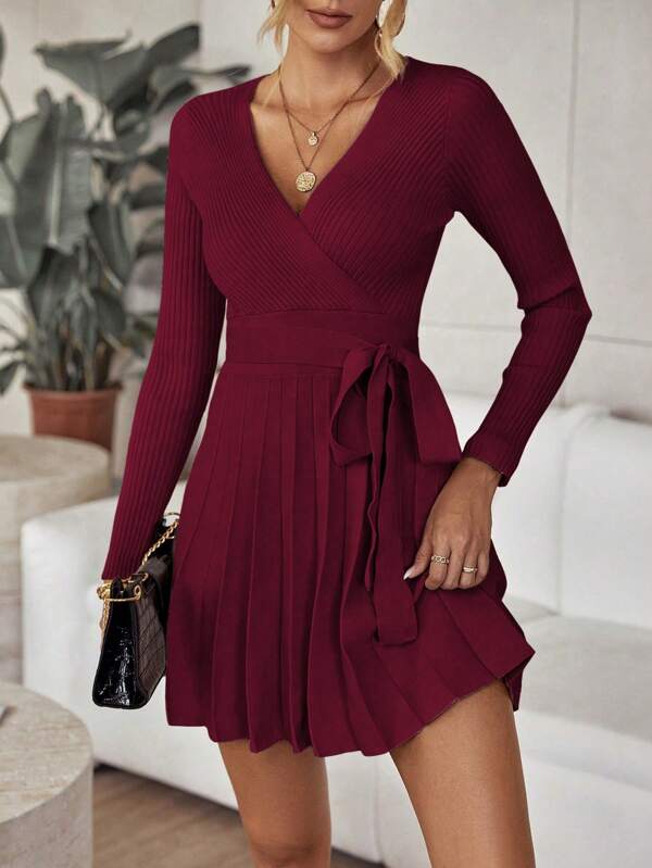 EMERY ROSE Surplice Neck Pleated Hem Belted Sweater Dress Fall Winter Cloth For Women