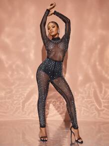 Rhinestone Detail Mesh Party Jumpsuit Without Lingerie - Black - View 3
