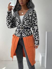 SHEIN LUNE 豹紋圖案雙口袋連帽開襟衫 - 彩色 - 查看 3