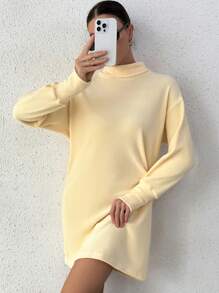 SHEIN Essnce Vestido estilo camiseta de hombros caídos de cuello alto - Beis - Ver 3