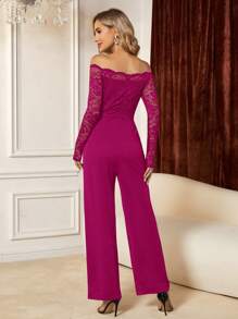 SHEIN Clasi Off Shoulder Lace Bodice Belted Jumpsuit - Red Violet - View 2