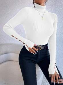 Chiquease Turtleneck Button Detail Sweater,Long Sleeve Tops