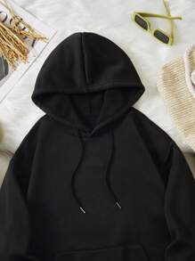 SHEIN EZwear 標語&蝴蝶印花袋鼠口袋連帽衫 - 黑色 - 查看 6