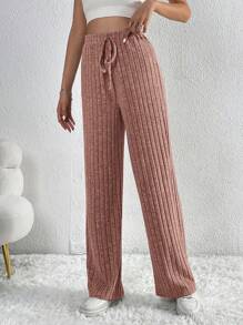 SHEIN Tall Pantalones de pierna ancha de cintura con cordón tejido de canalé - Rosa vieja - Ver 3