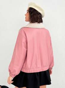SHEIN EZwear Plus Borg Collar Raglan Sleeve Zip Up Jacket