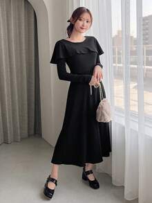 FRIFUL 素色荷葉邊A字洋裝 - 黑色 - 查看 4