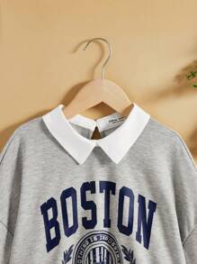 SHEIN 青少年女孩字母圖案拼接領落肩袖運動衫 - 淺灰色 - 查看 4