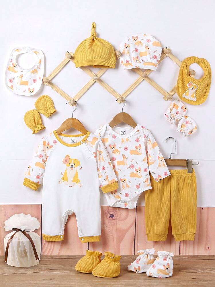 Baby Girl 1pc Cartoon Graphic Bodysuit & 1pc Jumpsuit & 1pc Pants & 2pcs Hat & 1pair Socks & 1pc Bib