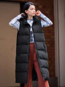 FRIFUL 1 pieza Chaleco acolchado con cremallera de unicolor para invierno - Negro - Ver 6