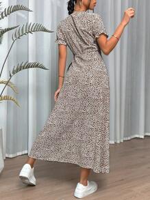 SHEIN VCAY Ditsy Floral Print Knot Side Wrap Dress - Coffee Brown - View 2