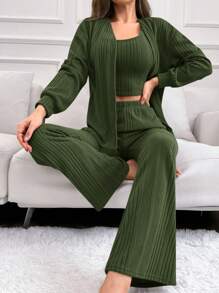 3入組/套女士們素色家居服套裝 - 綠色 - 查看 4