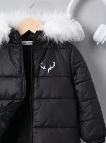 SHEIN Young Boy 1pc Antler Graphic Fuzzy Trim Hooded Padded Coat - Black - View 5