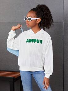 Tween Girl Letter Flocking Drop Shoulder Hoodie - White - View 5