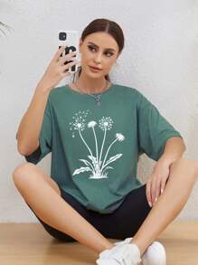 SHEIN Essnce Dandelion Printed Long T-shirt - Army Green - View 1