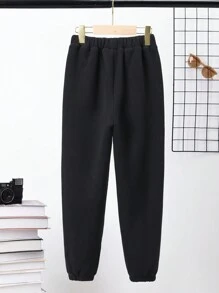 SHEIN 男大童字母圖案加絨內裏活躍衛褲 - 黑色 - 查看 2