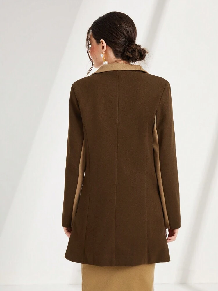 Contrast Panel Lapel Neck Double Breasted Overcoat Fall Cloth For Women
