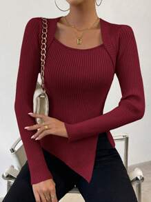 Chiquease Square Neck Split Hem Ribbed Knit Sweater,Long Sleeve Tops Knit Pullover Fall Winter Sweater - Burgundy - View 4