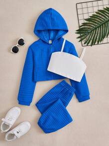 SHEIN Tween Girl Solid Cami Top & Pants & Zipper Up Hoodie - Royal Blue - View 1