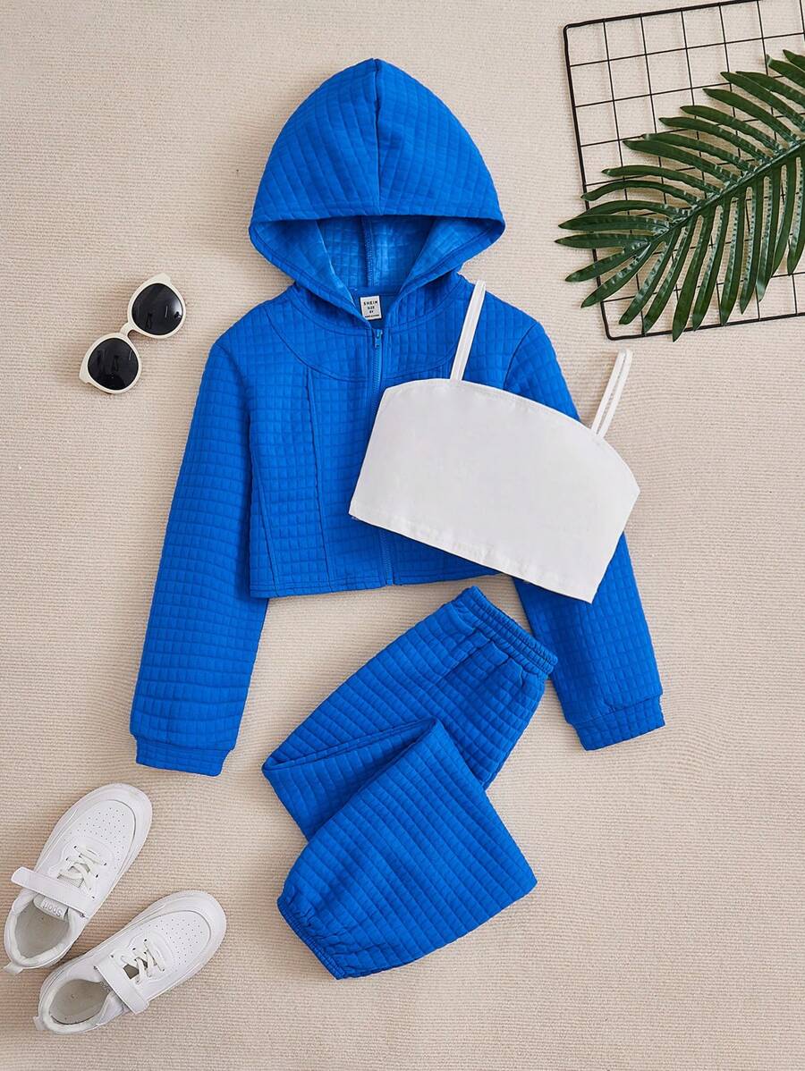 SHEIN Tween Girl Solid Cami Top & Pants & Zipper Up Hoodie - Royal Blue - View 1
