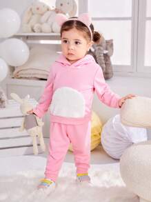 女嬰撞色袋鼠口袋連帽衫和運動褲 - 粉色 - 查看 6