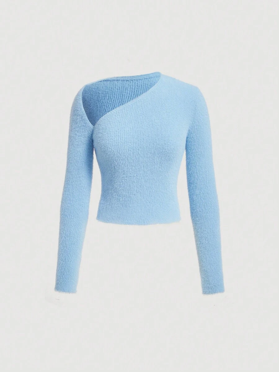 SHEIN MOD 不對稱領開衩袖套頭毛衣 - 淺藍色 - 查看 1