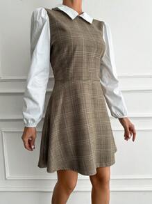 SHEIN Cottnline Women Contrast Checked Long Sleeve 2 In 1 Dress - Brown - View 4