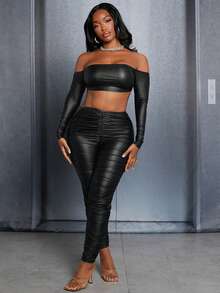 Slaydiva Women's Sexy Backless Strap Off Shoulder Long Sleeve Top And Skinny Pants, Black Pu Coated 2pcs Outfit - Black - View 4