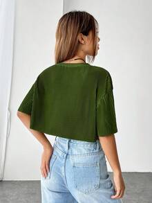 SHEIN EZwear Drop Shoulder Plisse Crop Tee - Army Green - View 2