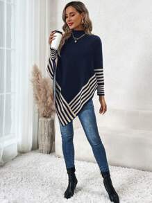 SHEIN Clasi Jersey poncho con patrón de rayas de cuello alto de manga murciélago bajo asimétrico - Azul - Ver 3