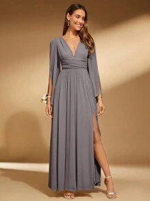 SHEIN Belle 深V領高衩開衩袖伴娘洋裝 - 灰色 - 查看 7