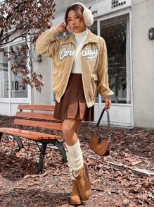 SHEIN Unity Letter Patched Flap Detail Drop Shoulder Corduroy Jacket Fall Cloth For Women - Apricot - View 4