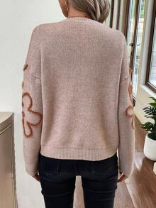 SHEIN Unity Mô hình hoa Thả vai Áo len - Màu be - Xem 2