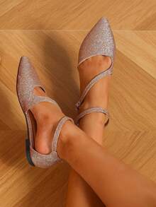 女性雙搭扣設計金屬質感金屬亮絲鏤空鞋,優雅夏天玫瑰金平底鞋適用於跳舞 - 玫瑰金 - 查看 2