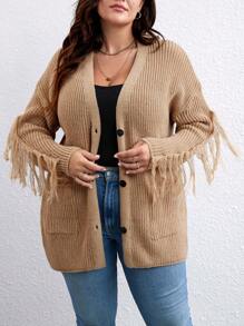 SHEIN LUNE Plus Fringe Trim Drop Shoulder Pocket Patched Cardigan - Khaki - View 5