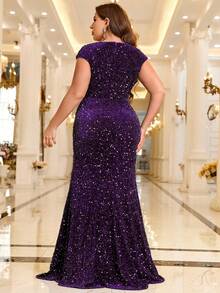 大码女式高开叉闪光晚礼服（大量装饰） - 紫色 - 查看 2