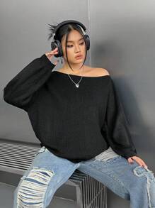 SHEIN EZwear Hơn Cổ không đối xứng Thả vai Áo len - màu đen - Xem 6