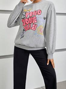 SHEIN EZwear Slogan & Cartoon Graphic Drop Shoulder Sweatshirt