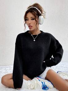 Flirla 纯色落肩毛衣，长袖上衣 - 黑色 - 查看 3