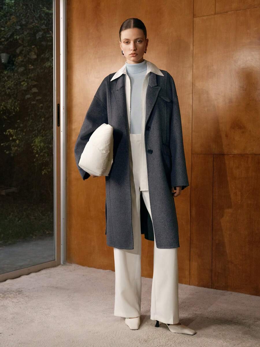 Anewsta Peak Collar Belted Overcoat - Light Grey - View 1