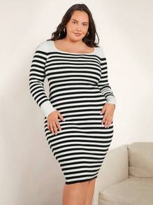 SHEIN BASICS Plus Striped Pattern Scoop Neck Sweater Dress - Black and White - View 3