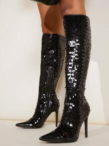 SHUZIA Botas con lentejuelas cremallera lateral con tacón delgado - Negro - Ver 5
