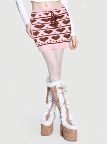 ROMWE Kawaii Heart Pattern Drawstring Waist Knit Skirt - Multicolor - View 5