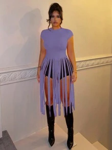 SHEIN SXY 素色流蘇下擺T恤 - 紫色 - 查看 4