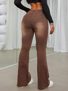 SHEIN ICON Floral Embroidery Flare Leg Jeans - Coffee Brown - View 2
