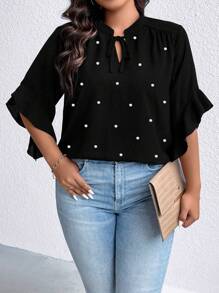 Rometta Plus Pearls Beaded Tie Neck Flounce Sleeve Blouse - Black - View 7