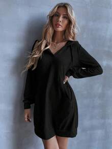 SHEIN Unity 素色袋鼠口袋連帽衛衣裙 - 黑色 - 查看 5