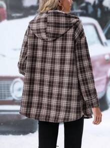 SHEIN LUNE 格紋印花落肩袖抽繩連帽外套 - 彩色 - 查看 2