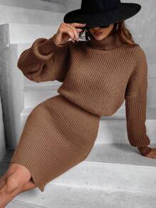 EMERY ROSE Turtleneck Drop Shoulder Ribbed Knit Sweater Dress Fall Winter Cloth For Women - Chocolate Brown - View 5